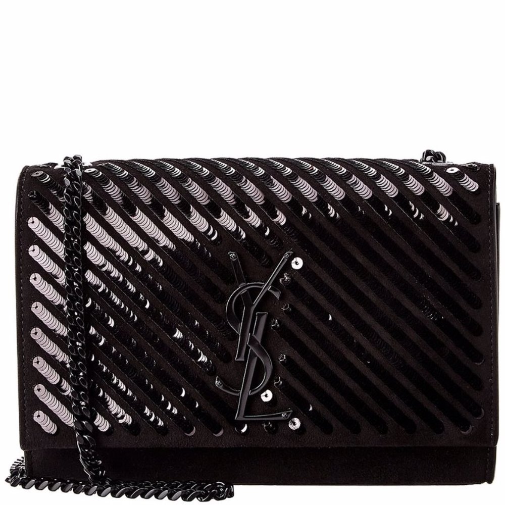 Saint Laurent 'Kate' YSL Sequin Detail Suede Shoulder Bag NEW (Black)